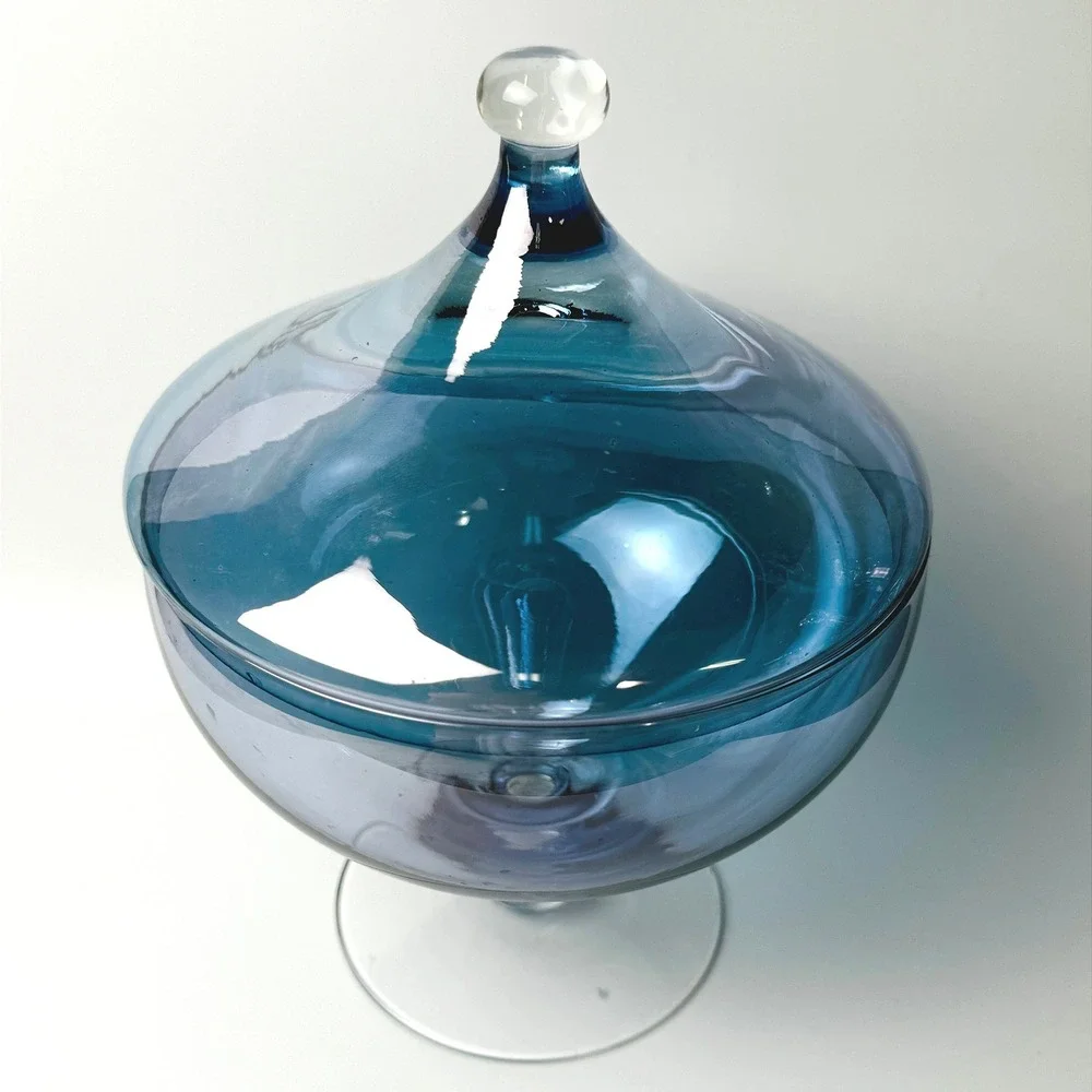 Vintage Empoli Style Blue Blown Glass Covered Compote Pedestal Candy Dish MCM